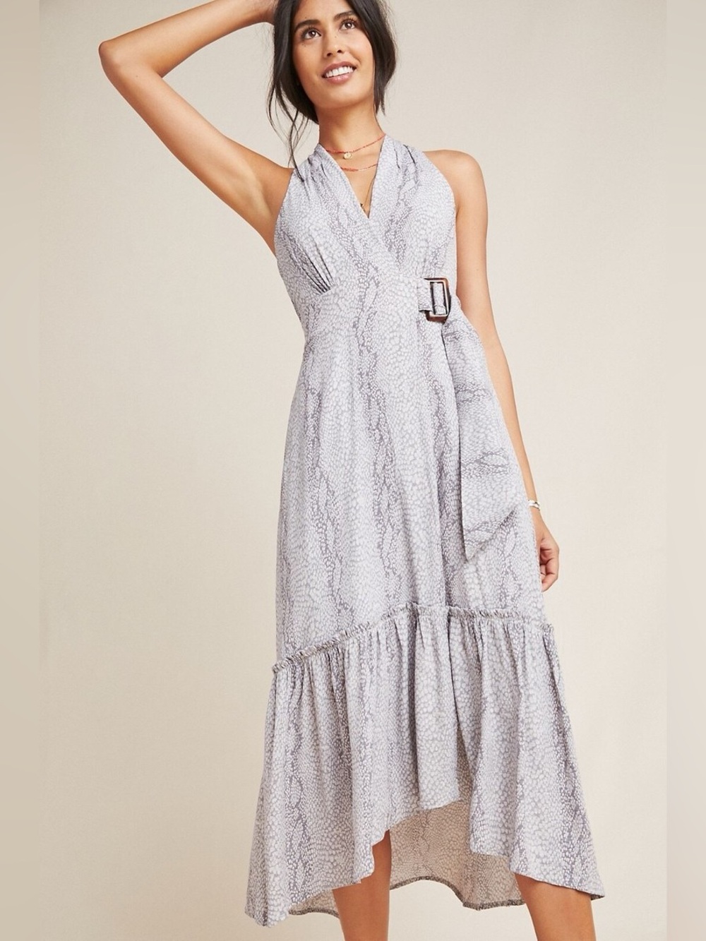 By Anthropologie Marfa Gray Snakeskin Belted Halter Maxi Faux Wrap Dress US 4